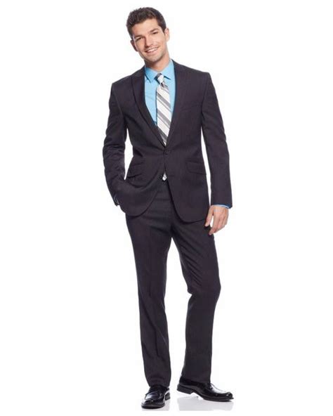 Kenneth Cole Reaction Synthetic Charcoal Pinstriped Two Button Suit