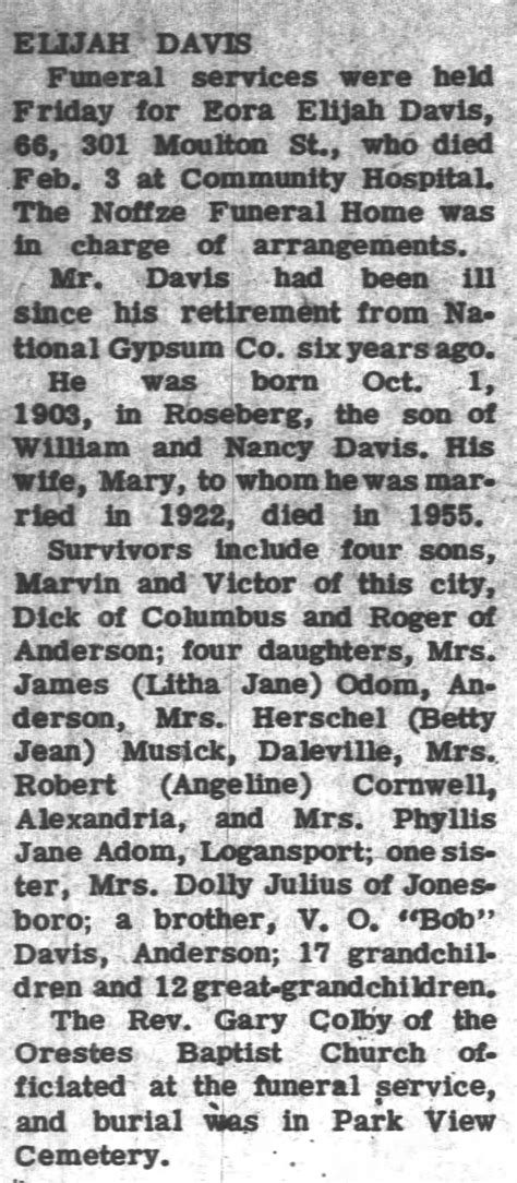 Obituary For Elijah Davis Aged 66