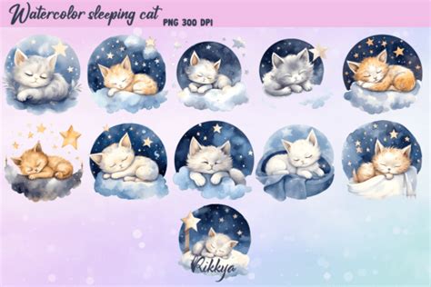 Watercolor Cute Sleeping Cat Clipart Graphic by Rikkya · Creative Fabrica