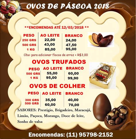 Tabela de Ovos de Páscoa 2018 Preço ovo de pascoa Cardapio de pascoa