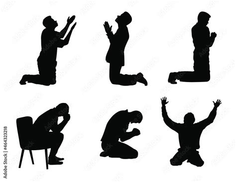 Man Praying And Praising God On Knees Silhouette Set Vector