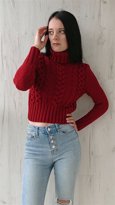 Cropped Cable Knit Sweater For Women Chunky Turtleneck Sweater Etsy