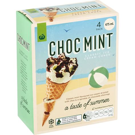 Woolworths Ice Cream Cones Choc Mint 4 Pack 475ml Bunch