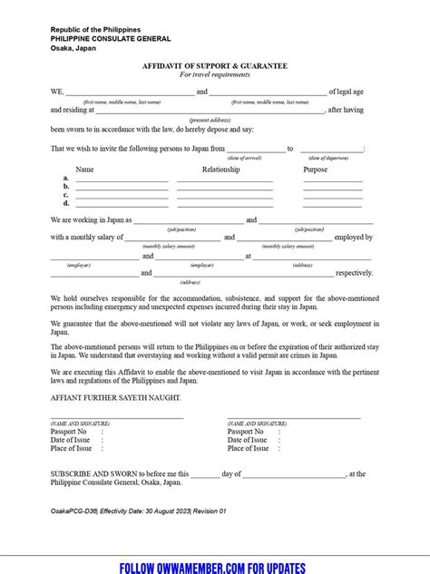 Affidavit Of Support Guarantee In PH Consulate Osaka Japan OWWA Member