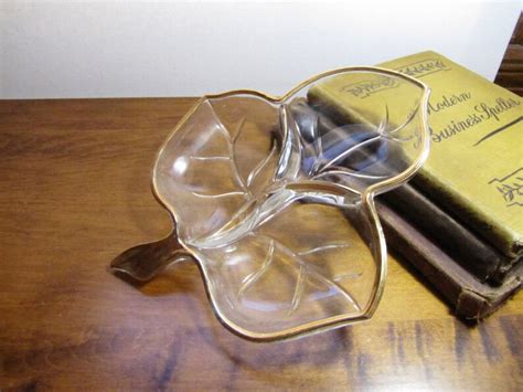 Vintage Clear Glass Divided Leaf Shaped Dish With Gold Accent Etsy