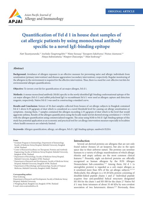 Pdf Quantification Of Fel D In House Dust Samples Of Cat Allergic