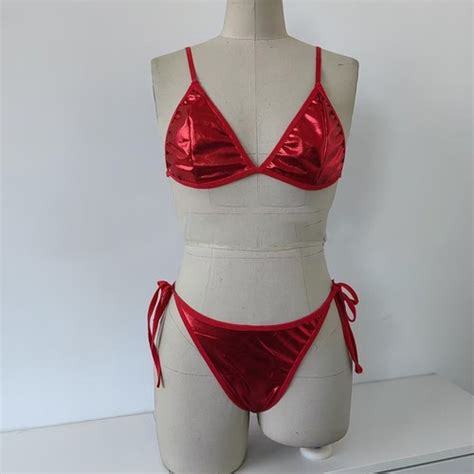 Red Lace Up Wet Look Bikini Set With Pu Leather Halter Top Swimwear Lingerie Ebay