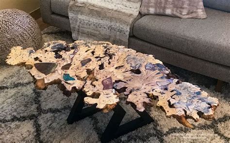 Tables Live Edge Buckeye Burl Coffee Table With Stone Inlay Buckeye