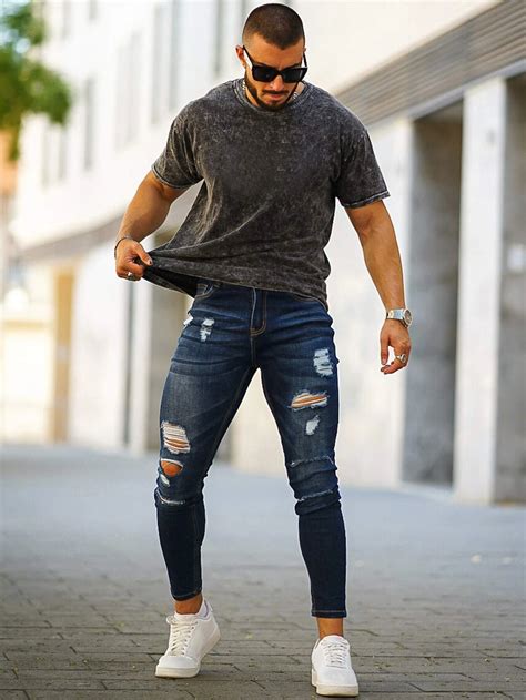 M Nner Schmale Jeans Mit Riss Aktuelle Trends G Nstig Kaufen Shein