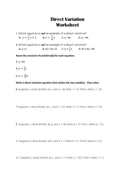 Direct Variation Worksheets PDF | PDF | Variable (Mathematics) | Equations