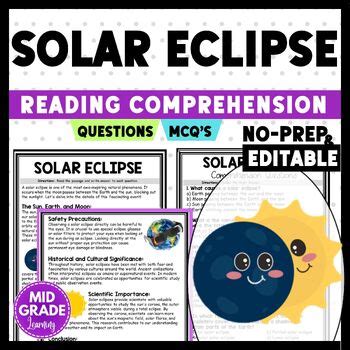 SOLAR ECLIPSE Reading Comprehension Question Worksheet April