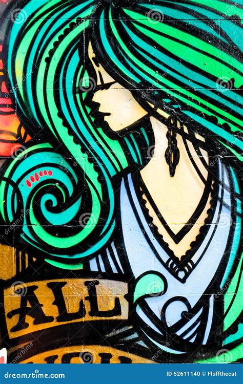 Urban Art Graffiti Of Pretty Woman With Long Hair Editorial Image