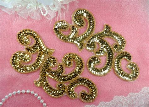 Sequin Appliques Gold Mirror Pair Scroll Designer Beaded Iron On