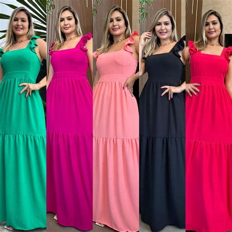 Vestido Femenino Longo Liso Bojo Babado Na Manga Vestido Longo