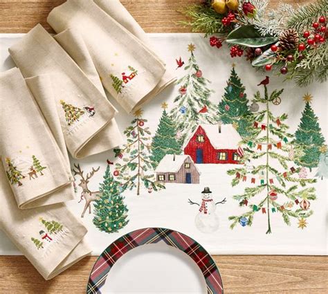 Christmas In The Country Embroidered Cotton Linen Napkins Set Of 4