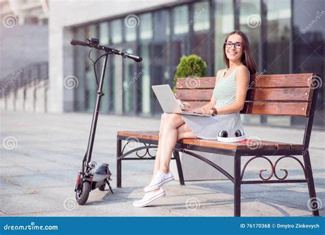 Cheerful Woman Using Laptop Stock Photo Image Of Millennial Laptop