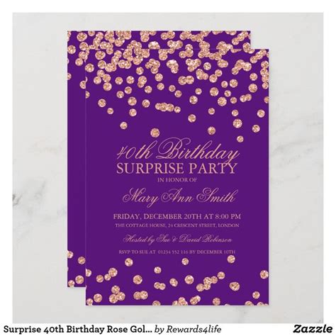 Surprise 40th Birthday Rose Gold Glitter Purple Invitation Zazzle