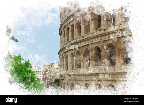 Watercolor illustration of Colosseum in Rome. Interior view of ...