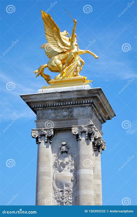 Alexandre Iii Bridge Golden Statue With Winged Horse And Column In A