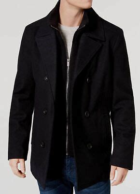 250 Kenneth Cole Men S Black Double Breasted Wool Blend Peacoat Jacket