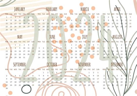 Calendario De En Estilo Boho Con Formas Abstractas Hojas Y Puntos