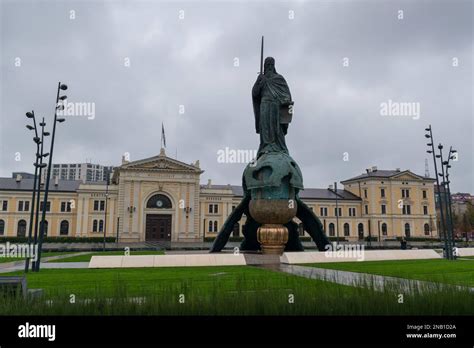 King Stefan Nemanja statue in front of old railway station in Belgrade ...