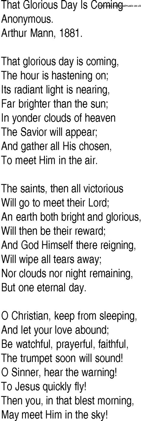 Hymn and Gospel Song Lyrics for That Glorious Day Is Coming by Anonymous