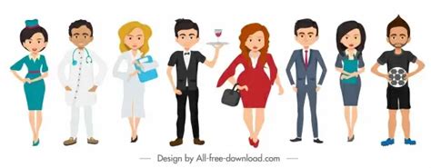 People Occupation Icons Colored Cartoon Characters Design Vectors