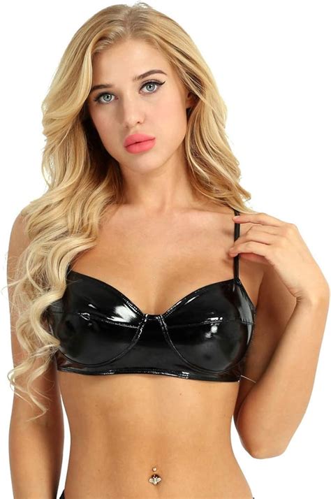 Inhzoy Women S Sexy Wet Look Faux Leather Wire Free Unlined Bra Top Triangle