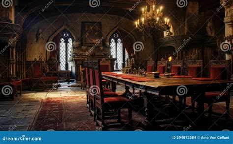 Eerie Elegance The Vacant Dining Room Of Dracula S Castle Stock