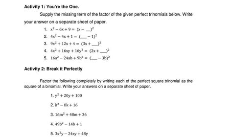 1 Supply The Missing Term Of The Factor Of The Given Perfect Trinomial1 ×² 6× 9 × ²2