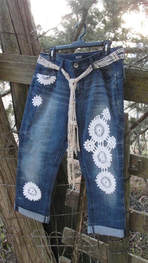 Upcycled Lace Jeans Vintage Shabby Chic Boho Style