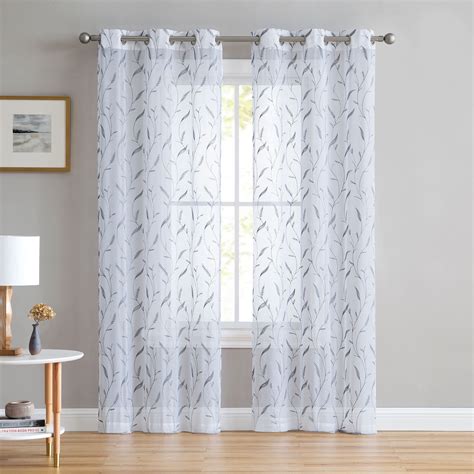 Set of Two (2) White Sheer Window Curtains: Gray Embroidered Botanical ...