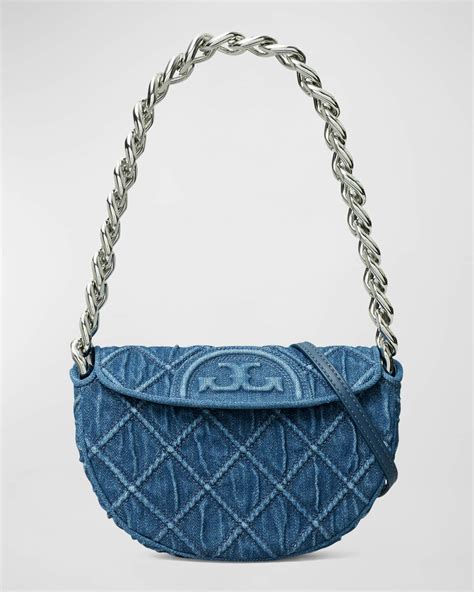 Tory Burch Fleming Mini Denim Crescent Shoulder Bag Neiman Marcus