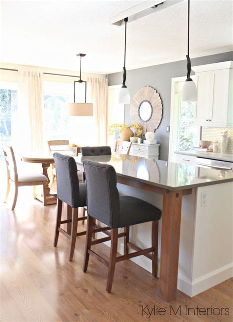 Open Layout Kitchen And Dining Room Gray Quartz Rustic Wood Island