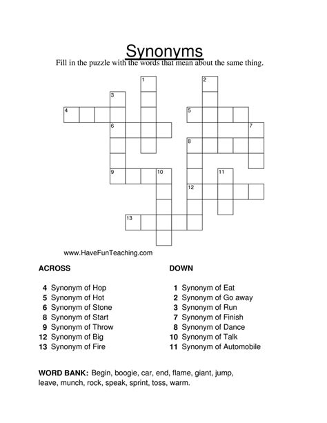 Resource Second Grade Synonym Crossword Puzzle Worksheet