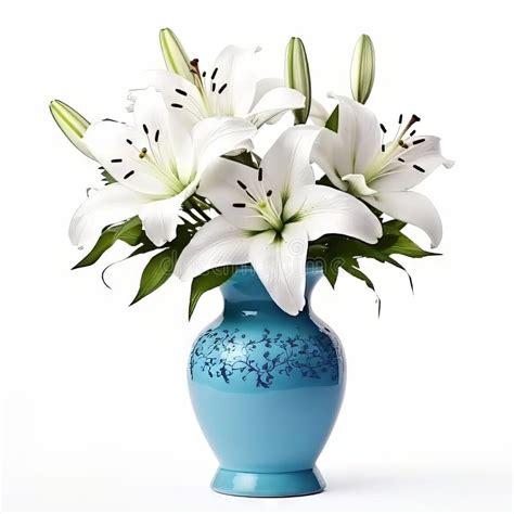 Beautiful Bouquet Of White Lilies In Blue Ceramic Vase On White