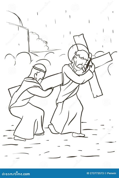 Via Crucis Drawing Depicting When Simon Of Cyrene Helps Jesus Carry The