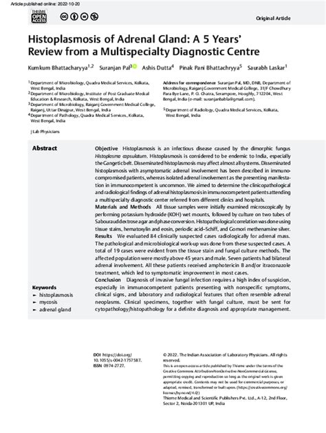 Pdf Histoplasmosis Of Adrenal Gland A 5 Years Review From A Multispecialty Diagnostic Centre