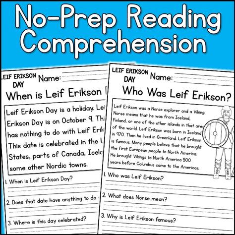 Leif Erikson Day Holidays Reading Comprehension Passages K 2 Made By