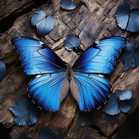 Una Mariposa Morfo Azul Con Sus Alas Abiertas En Una Hoja Foto Premium