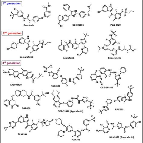 Chemical structure of first, second and third generation of BRAF inhibitors | Download ...