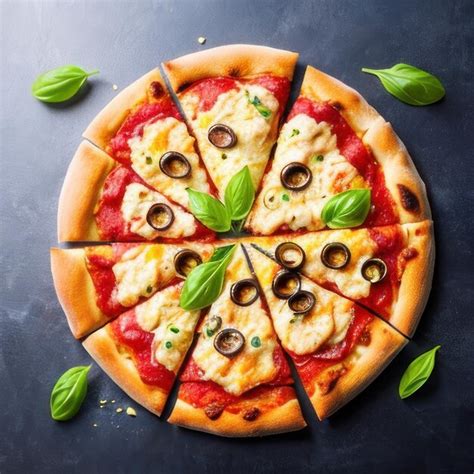 Premium Ai Image A Pizza With Olives And Cheese On A Black Table