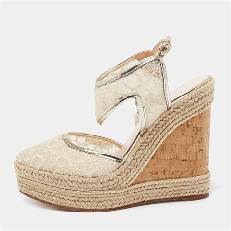 Nicholas Kirkwood Light Gold Lace Espadrille Platform Wedge Slingback