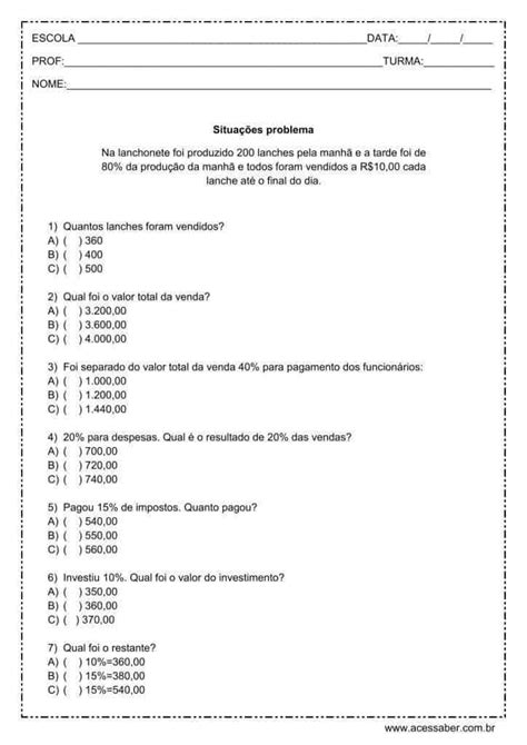 Atividade De Matemática Problemas De Porcentagem 4º Ou 5º Ano Acessaber