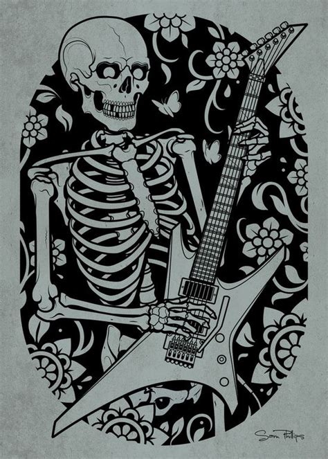 Skeleton Playing Guitar Art Print By Sam Phillips Guitar Art Skull Art Guitar Tattoo Design