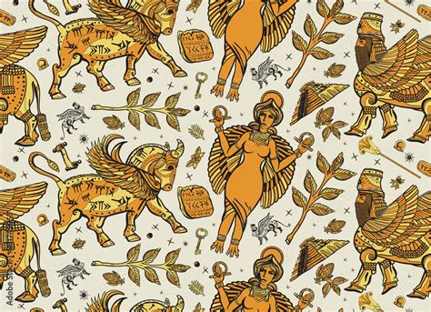 Ancient Sumerian Civilization Seamless Pattern Old School Tattoo