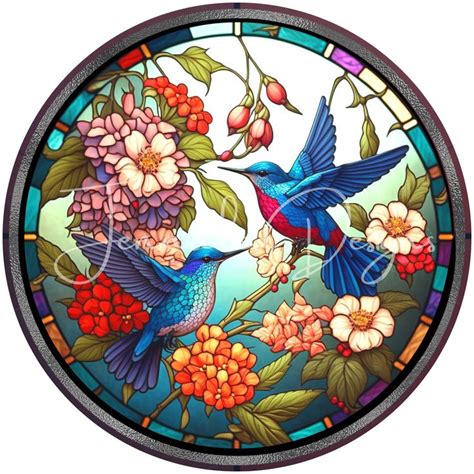 Faux Stained Glass Hummingbirds Sublimation Design Round Design