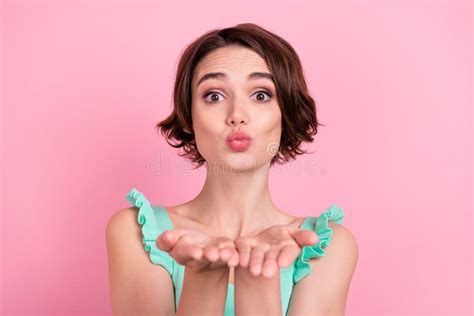 Photo Of Flirty Bob Hairdo Millennial Lady Blow Kiss Wear Teal Top