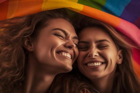 A Beautiful And Happy Gay Lesbian Couple With Rainbow Colors Flag LGBTQ Pride Month Wallpaper